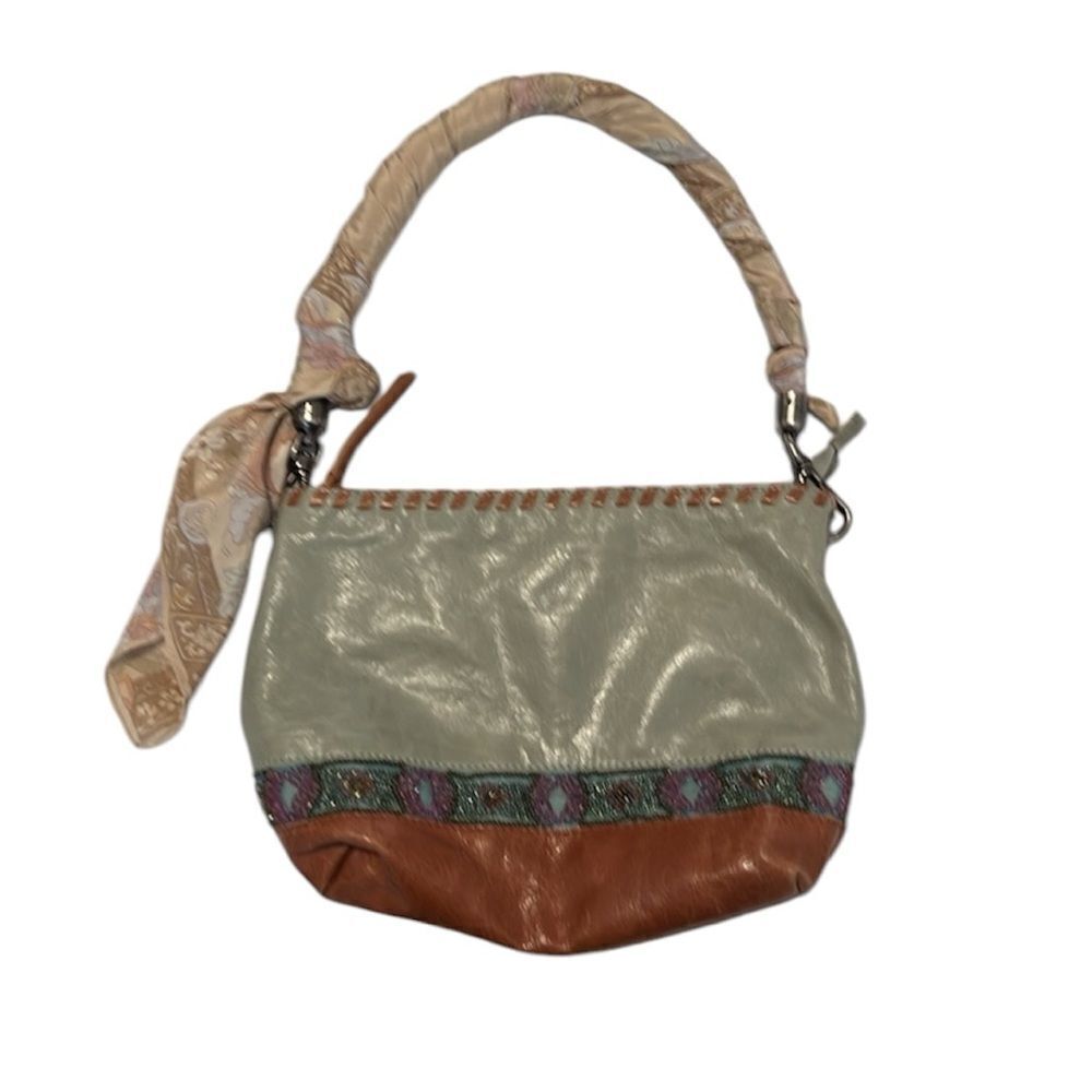 The Sak Brown & Green Shoulder Bag beaded details & scarf wrapped handle EUC